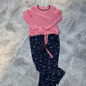 Lands' End Pink Long-Sleeve Top with Navy Tropical Print Pajama Pants